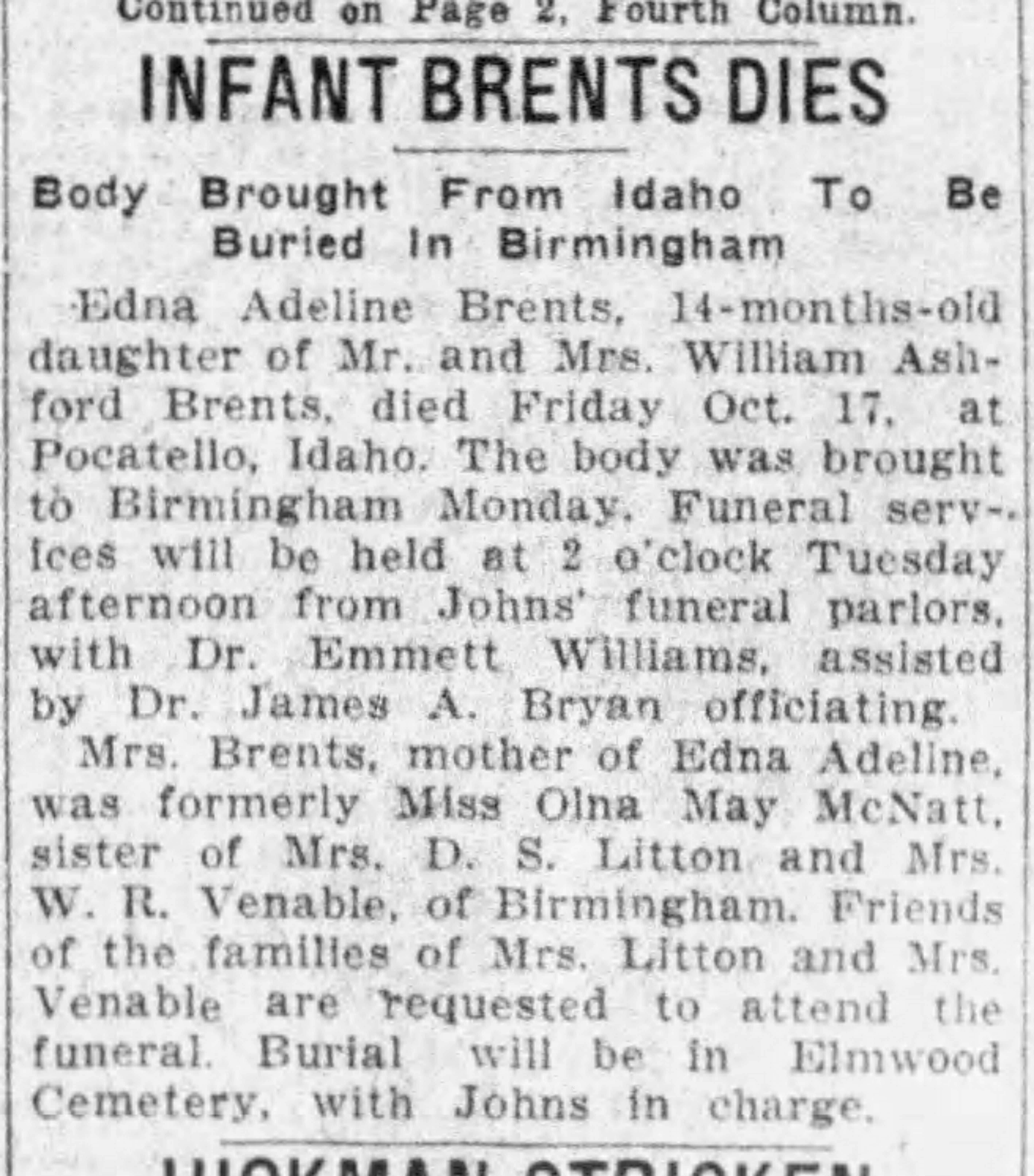 Infant Brents Dies